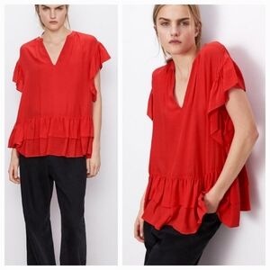 Zara Red Blouse XS S M Short Sleeve V-Neck Ruffled Casual Oversized Women's Top